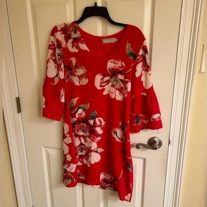 Red and Pink Floral Cocktail Dress with 3 Quarter Length Ruffle Sleeves